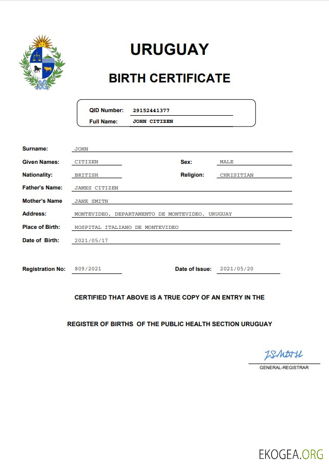 Modèle Word et PDF d'acte de naissance de l'état civil de l'Uruguay